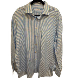 Men's Kiton Designer Button Up Formal Dress Shirt Light Blue Stripes 17.5 x 44